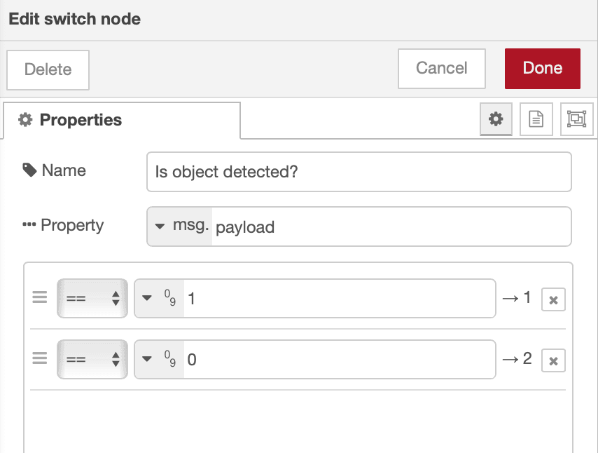 Adding conditions in the Switch node to check if the object is detected or not.