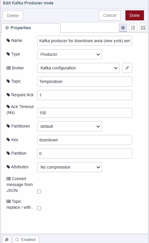 Screenshot showing kafka producer configuration "Screenshot showing kafka producer configuration"