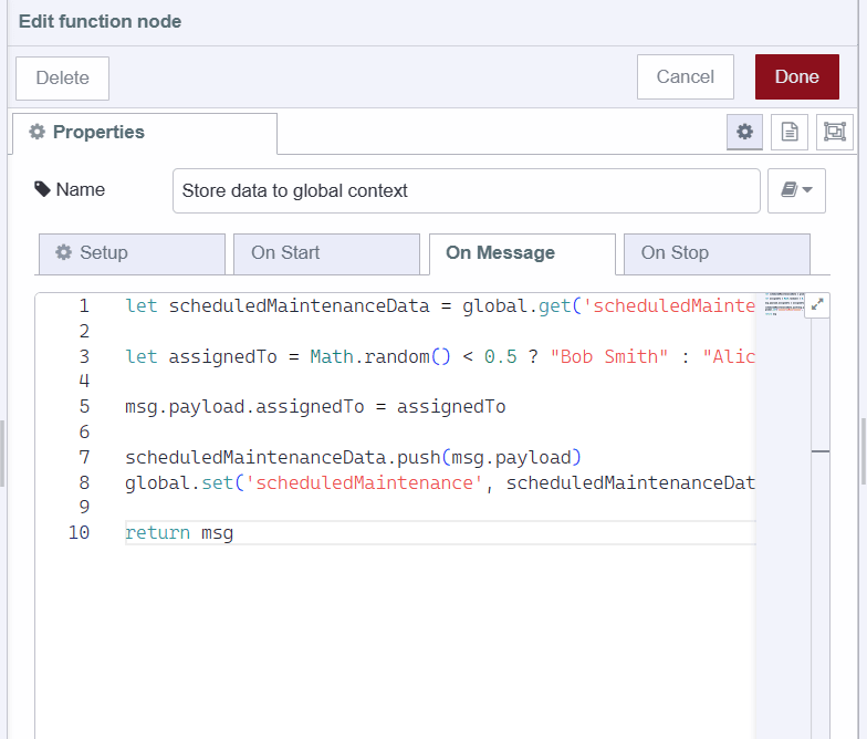 Screenshot displaying function node processing and storing data to global context "Screenshot displaying function node processing and storing data to global context"